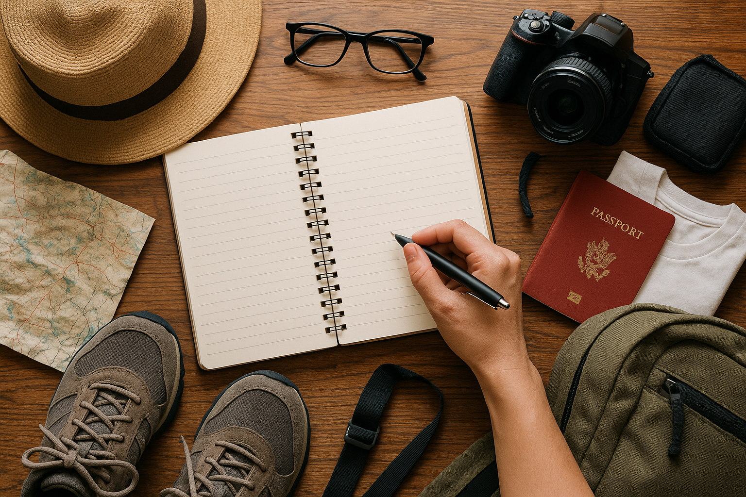 Solo traveler preparing a packing checklist with essentials including passport, camera, map, shoes, and travel journal on a w