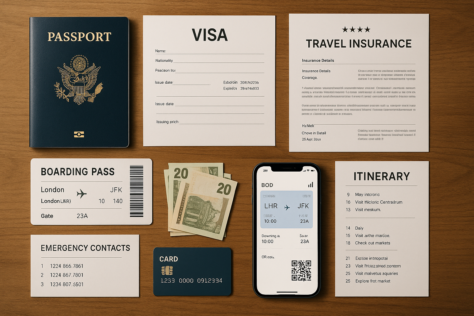 Flat lay of essential travel documents for solo travel including passport, visa, travel insurance, boarding pass, hotel booki