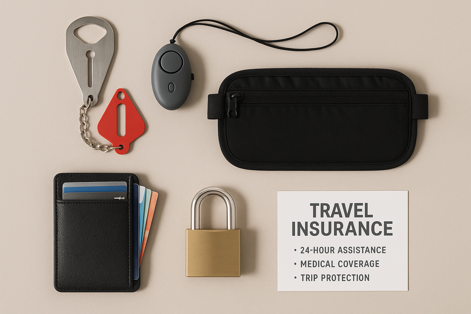 Flat lay of solo travel safety gear including portable door lock, personal safety alarm, discreet money belt, RFID-blocking w