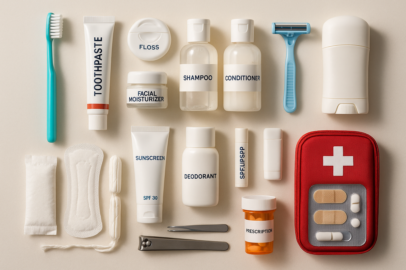 Flat lay of travel-size toiletries and personal care items including toothbrush, toothpaste, shampoo, body wash, razor, sunsc