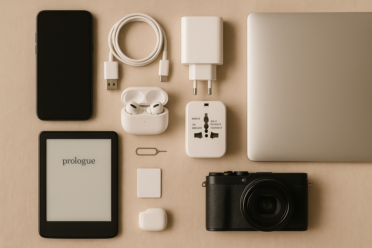 Flat lay of essential travel electronics including smartphone with charger, power bank, universal adapter, earbuds, e-reader,