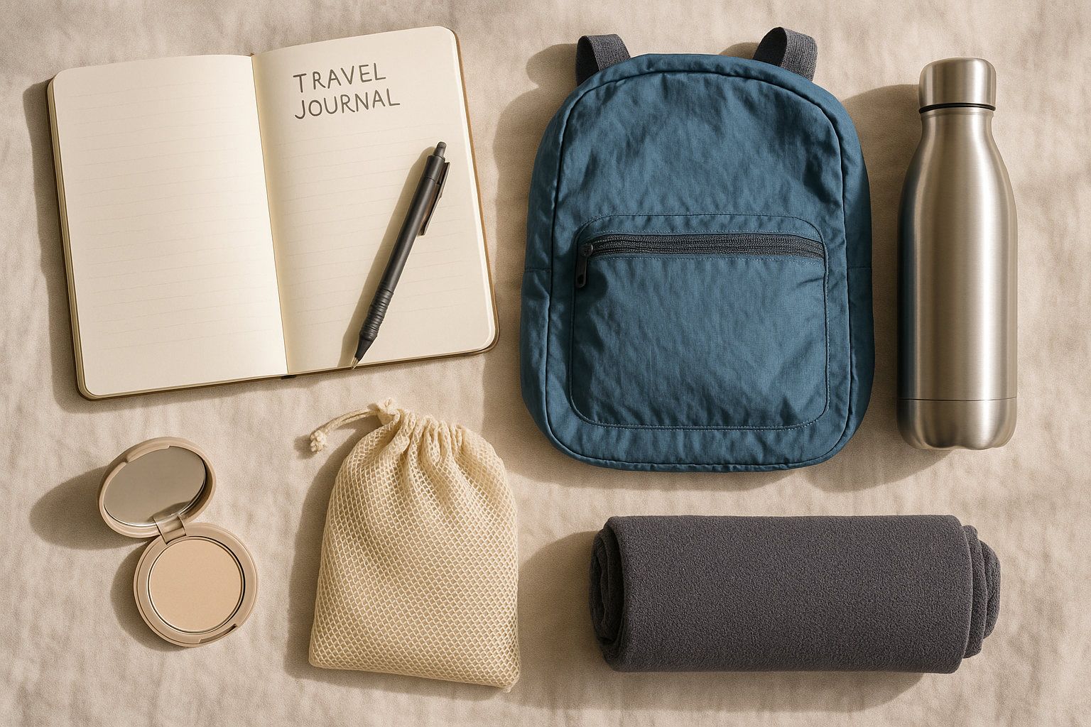 Flat lay of solo travel essentials including journal, collapsible daypack, reusable water bottle, travel laundry bag, compact