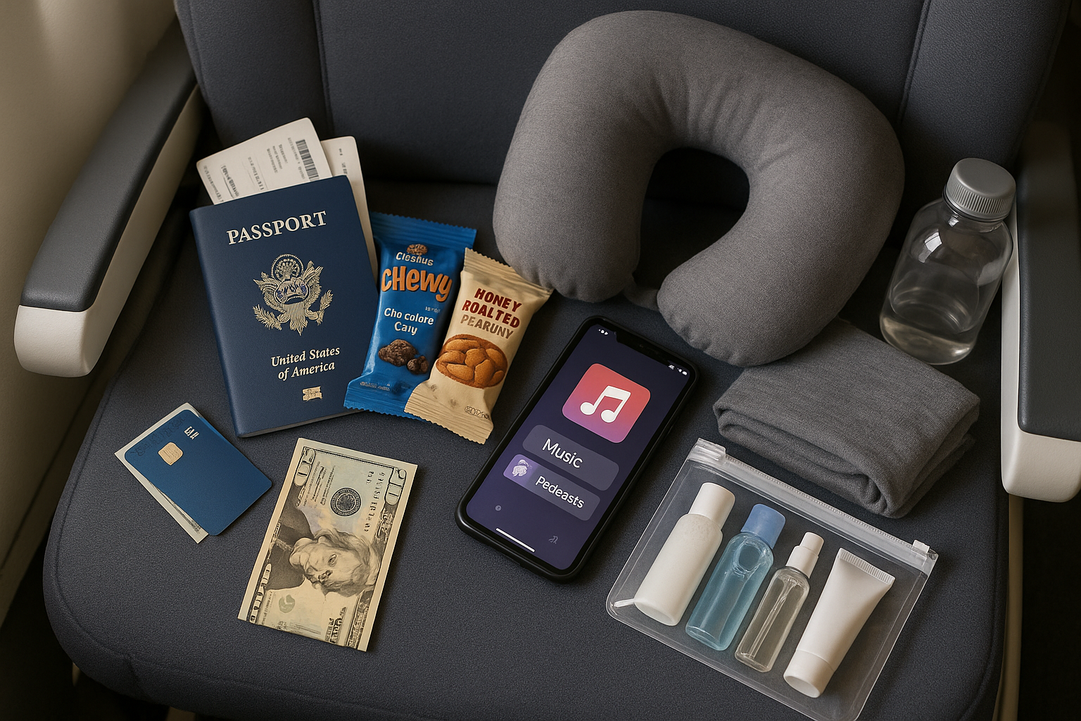 Flat lay of carry-on travel essentials including passport, snacks, travel pillow, empty water bottle, phone with entertainmen