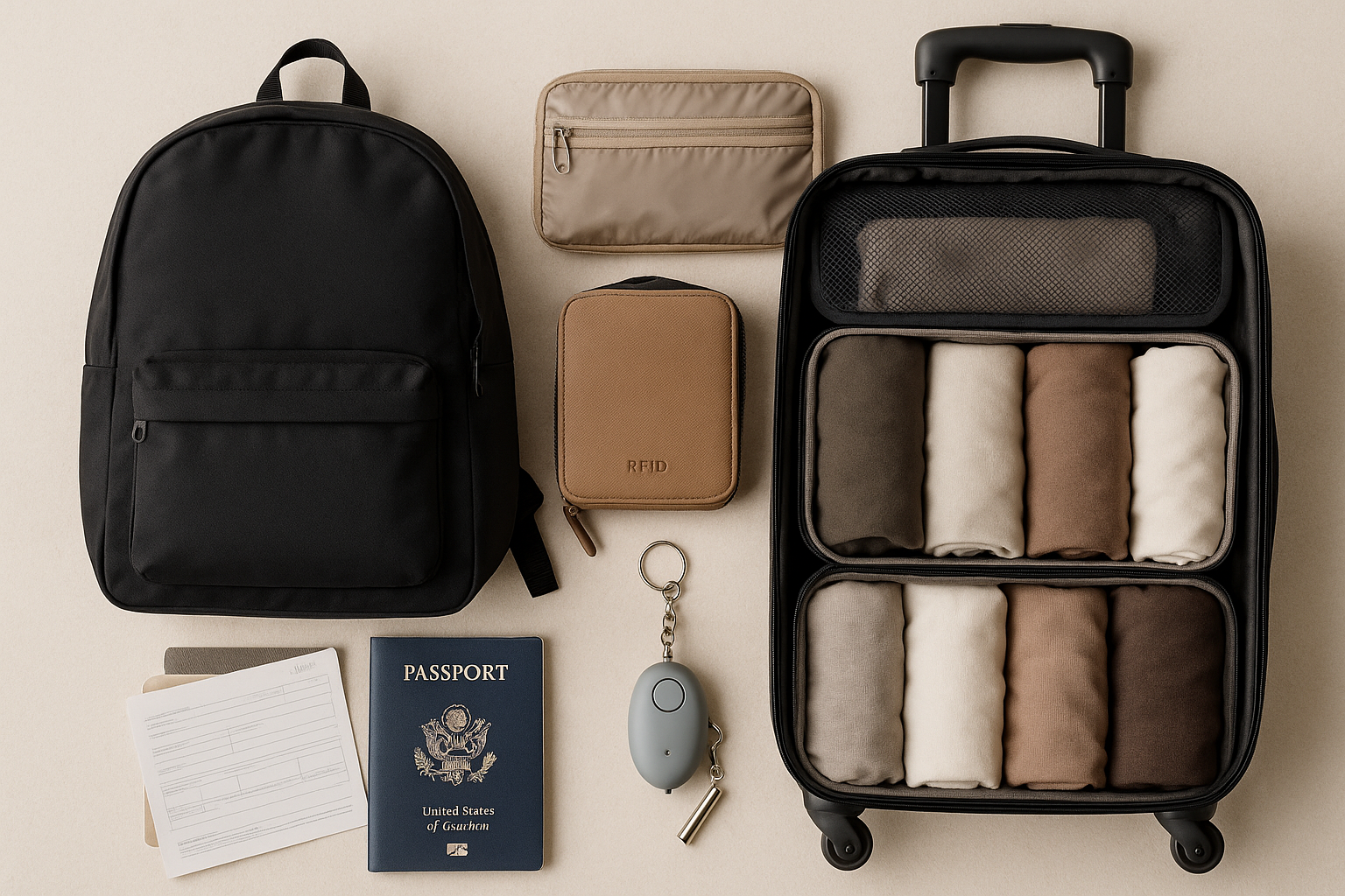 Organized solo travel packing layout with backpack, packing cubes, neutral clothing, safety alarm, travel documents, and RFID