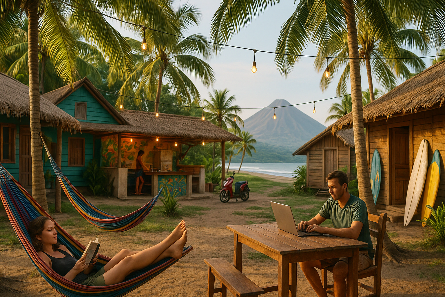 Budget-friendly hostel in Nicaragua with hammocks, palm trees, and a volcano or beach view in the background.