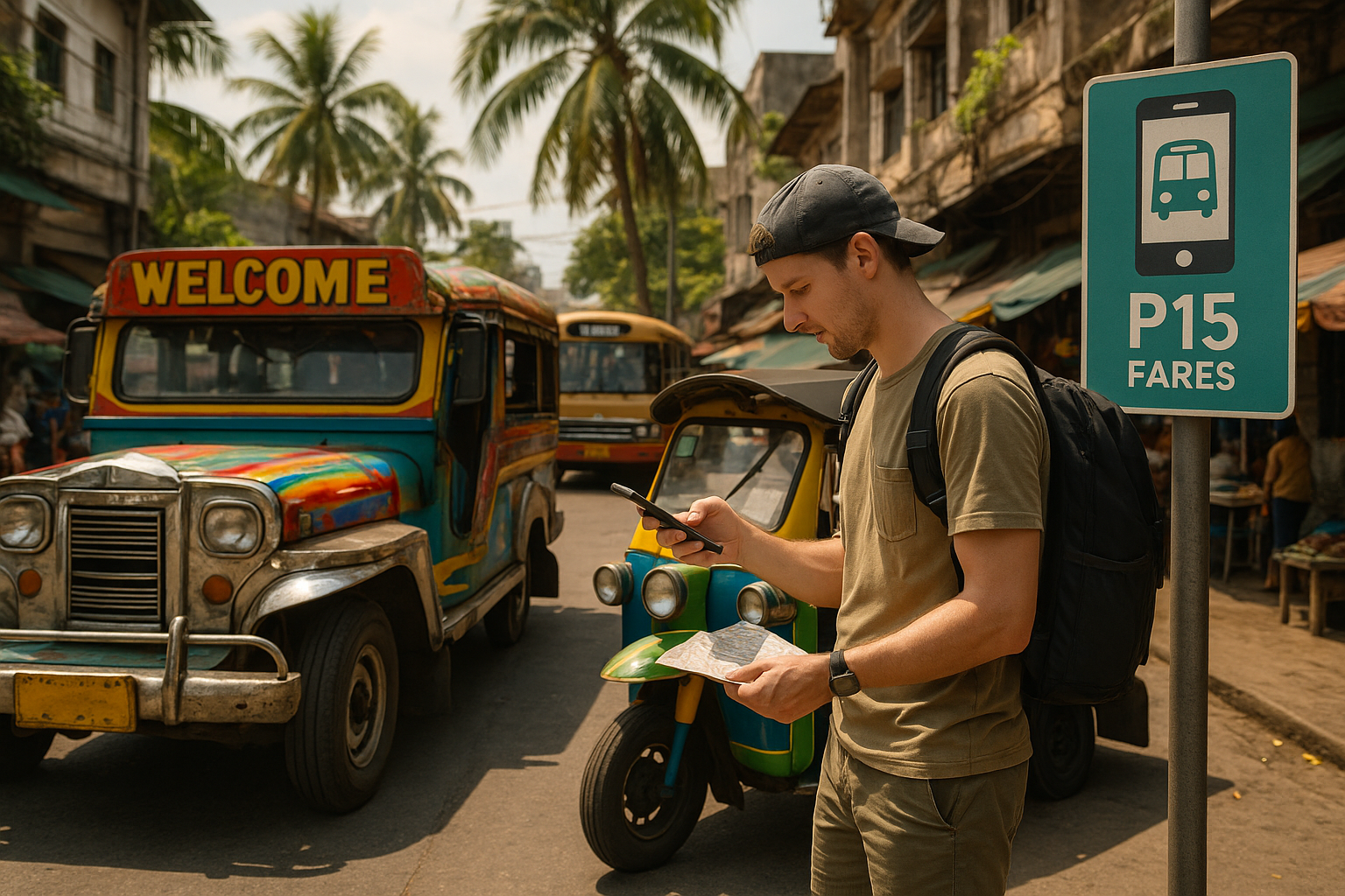 Traveler navigating a busy tropical city using local transport options like a jeepney and bus, highlighting budget-friendly t