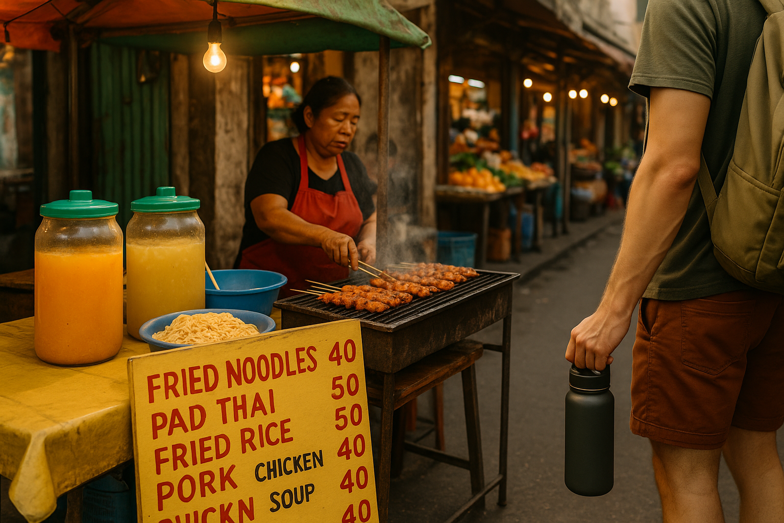 Colorful street food stall with sizzling local dishes and handwritten prices, showing affordable and authentic food options f