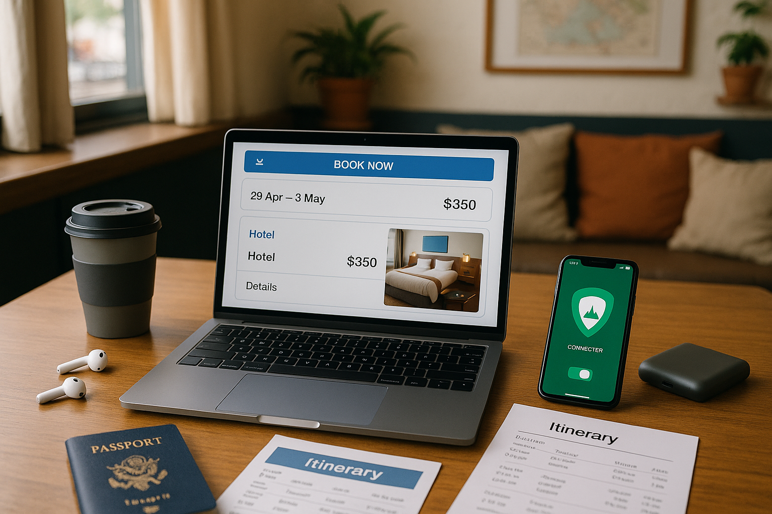 Flat lay of a traveler's laptop showing a booking site, with a smartphone, passport, and travel gear arranged on a table—high