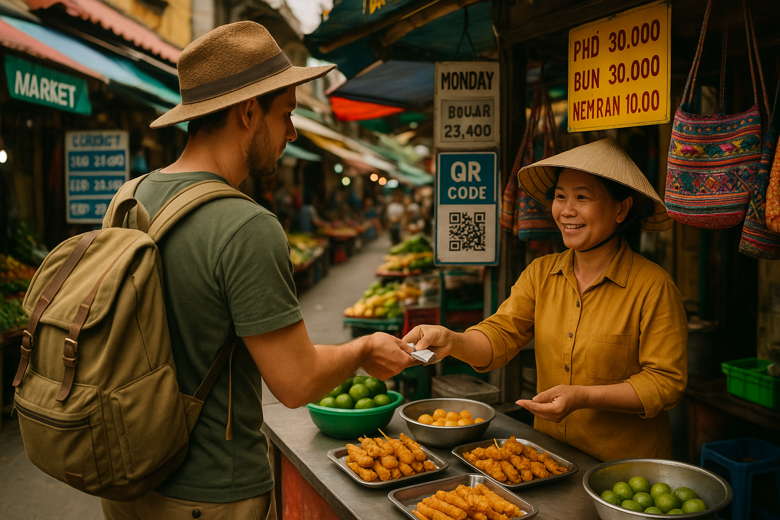 Traveler interacting with a local vendor at a colorful street market, exchanging small cash and exploring authentic, affordab