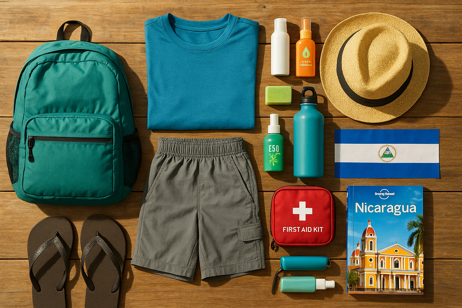 Flat lay of essential items to pack for a budget trip to Nicaragua