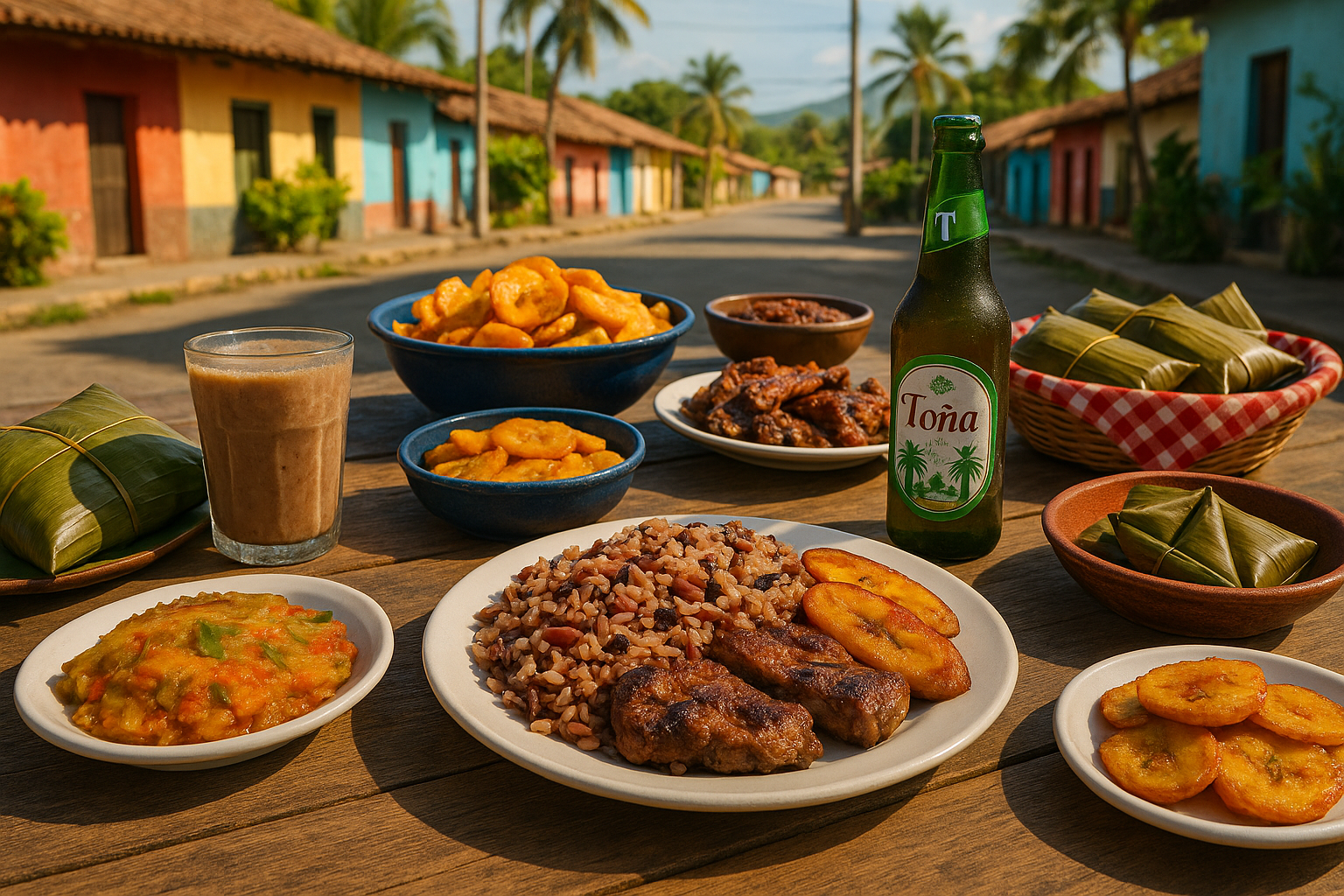 Traditional Nicaraguan street food on a rustic table, featuring gallo pinto, fried plantains, nacatamales, and local drinks i