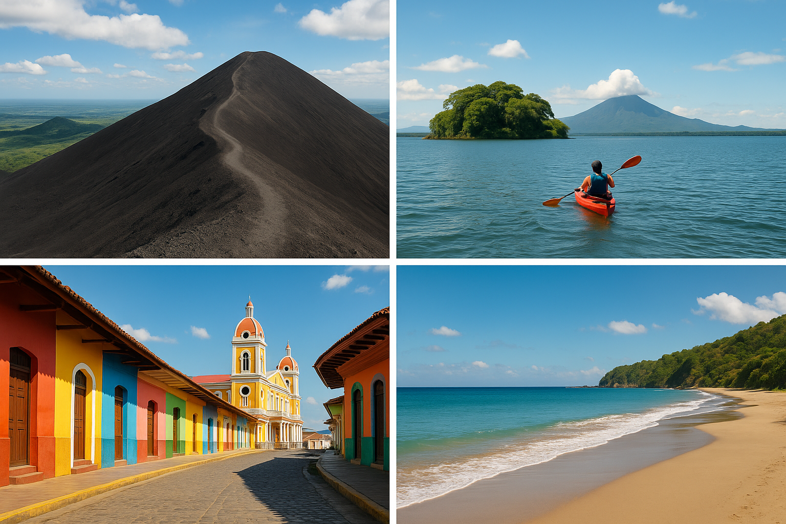 Collage of must-do budget experiences in Nicaragua, including volcano hiking, kayaking on Lake Nicaragua, exploring Granada’s