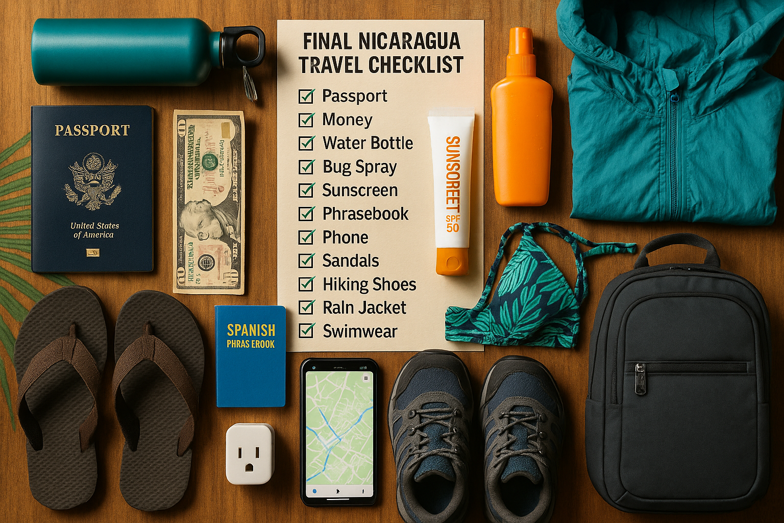 Flat lay of a final Nicaragua travel checklist with passport, $10 USD cash, refillable water bottle, bug spray, sunscreen, ph