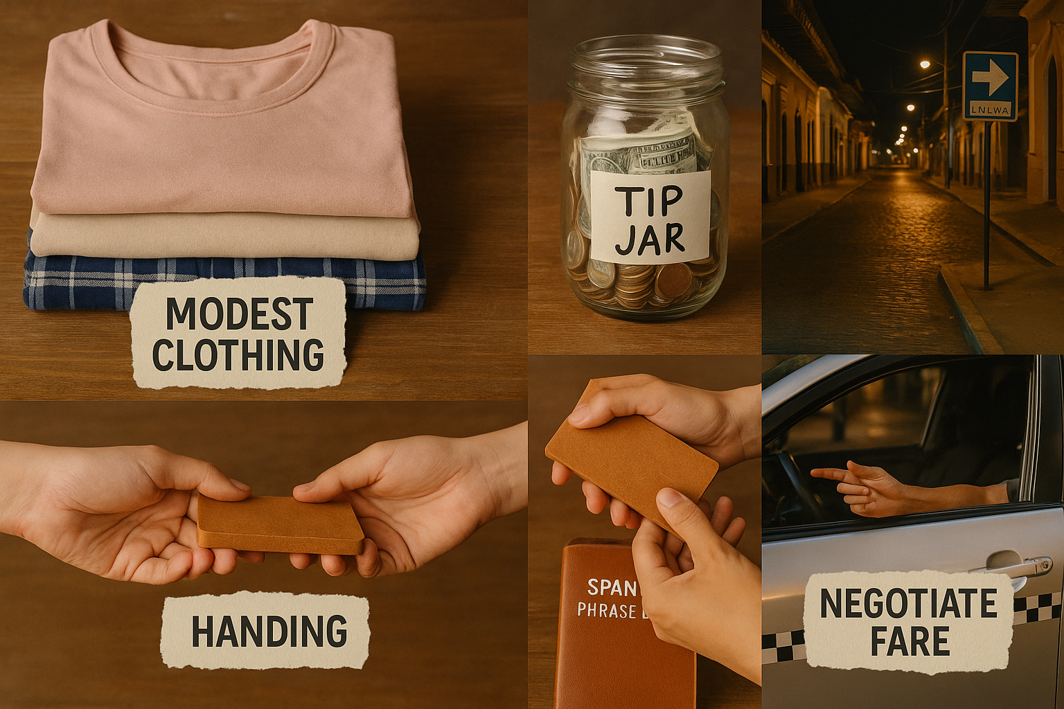 Collage of cultural and safety tips for Nicaragua, including modest clothing, tip jar with dollars, hands exchanging an item 