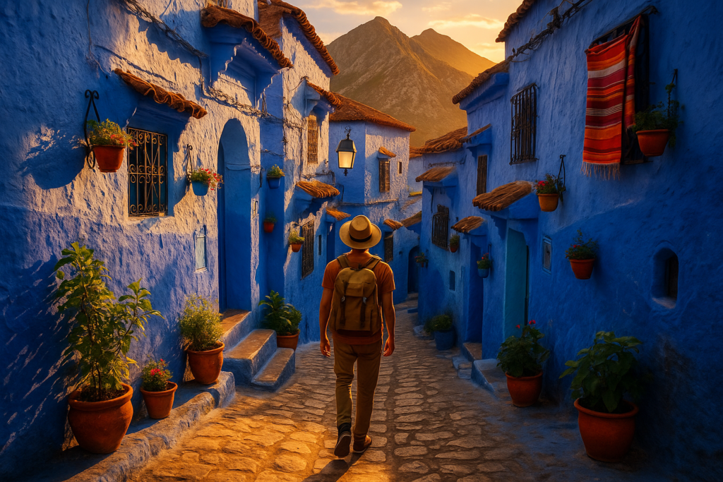 Traveler walking through blue-painted streets in Chefchaouen, Morocco