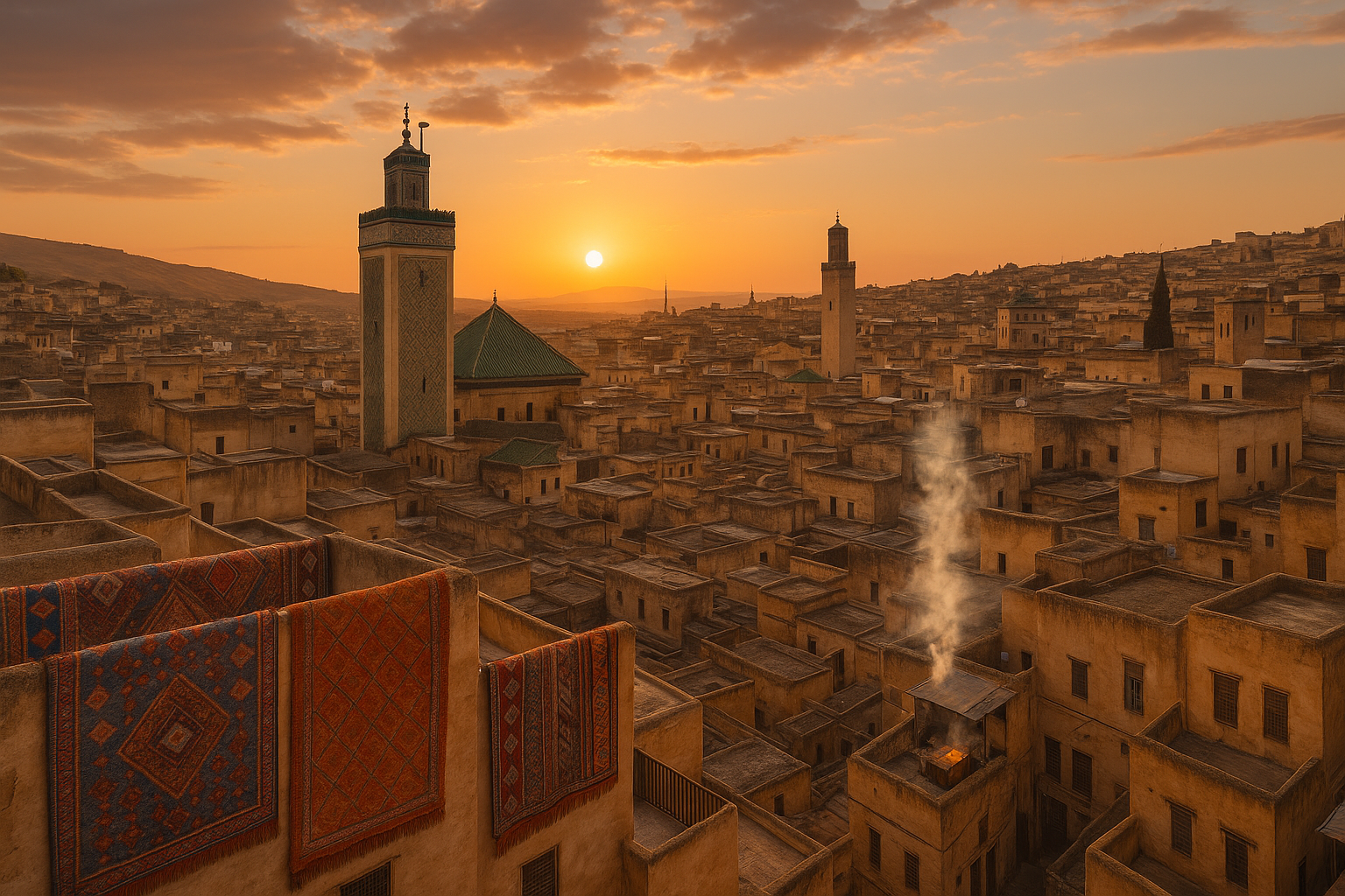 Panoramic sunset view over the medina of Fes, Morocco with rooftops, minaret, and hanging Moroccan rugs.