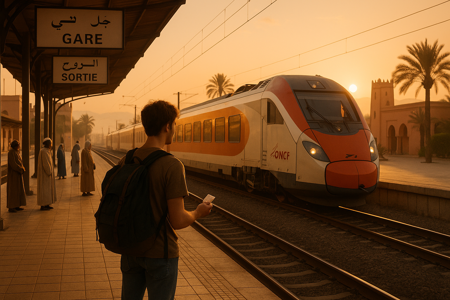 Backpacker waiting at a Moroccan train station at sunrise with ONCF train and locals nearby.