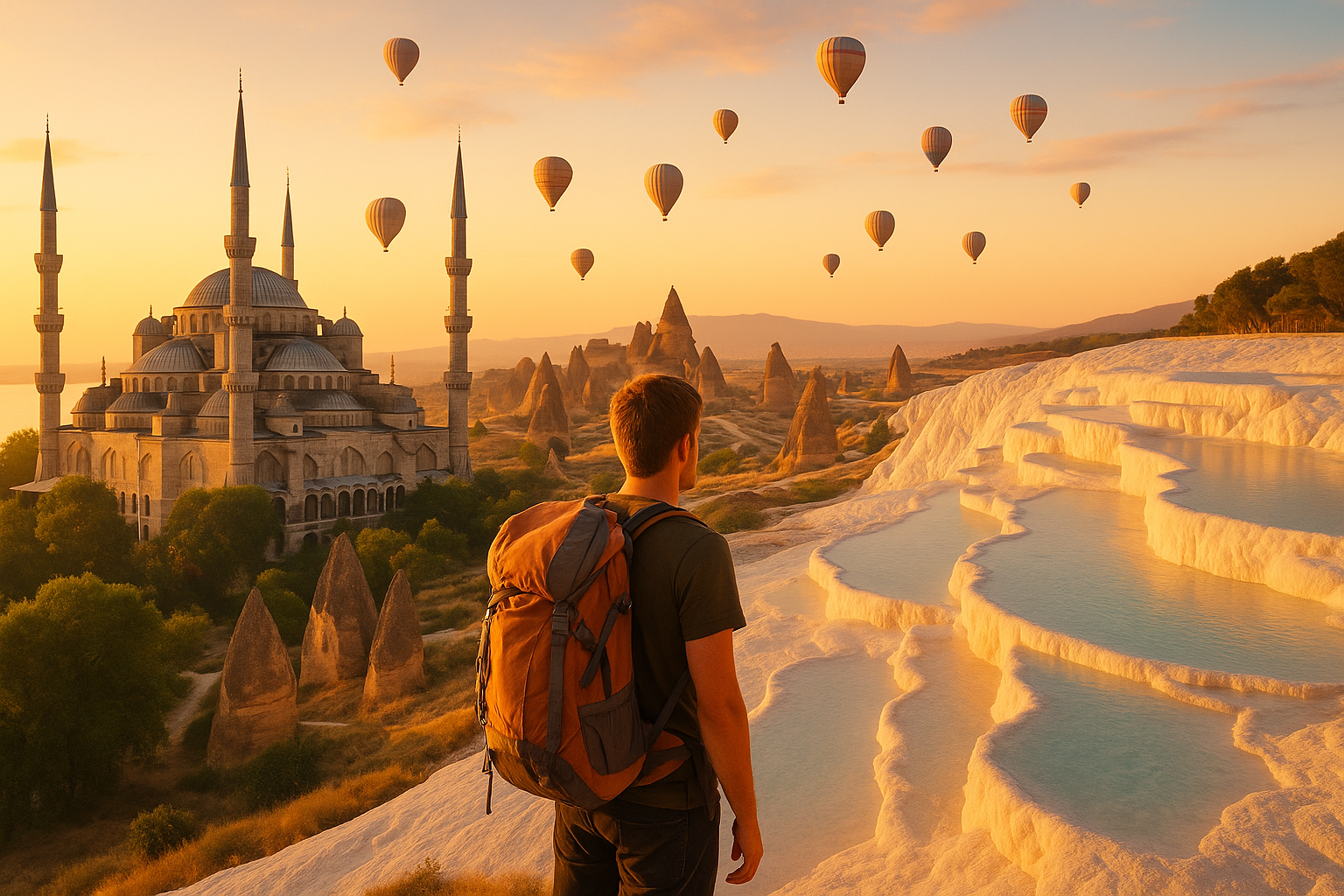 Solo backpacker overlooking a scenic blend of Turkey’s top destinations, including the Blue Mosque, Cappadocia’s hot air ball