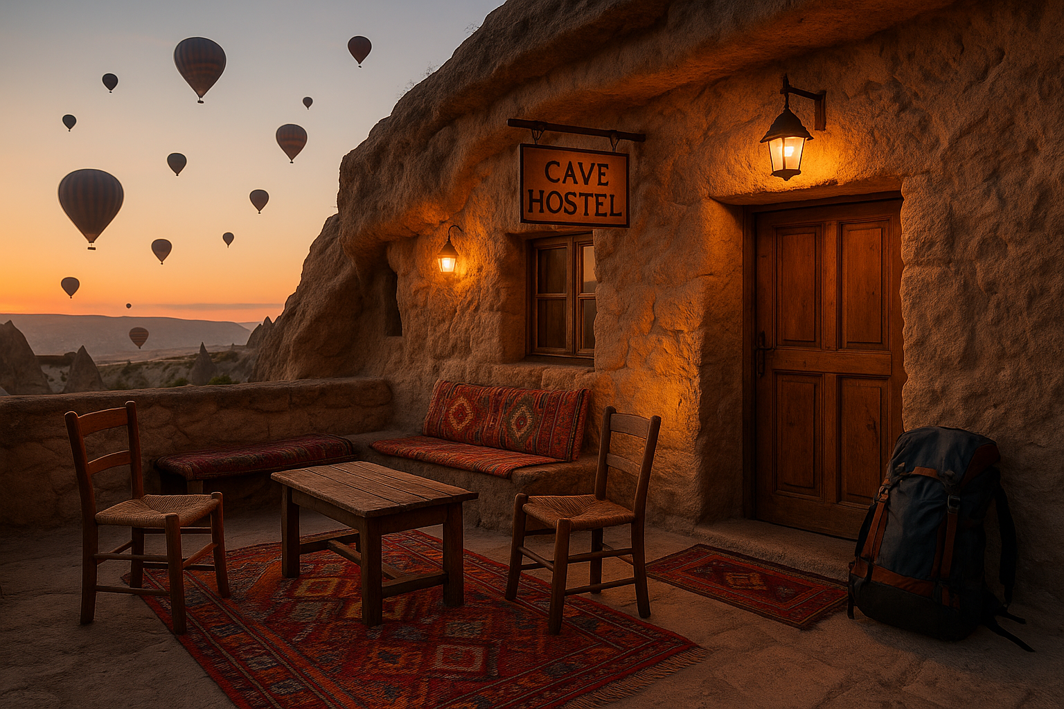 Charming budget cave hostel in Cappadocia with Turkish rugs, outdoor seating, and hot air balloons rising in the background a