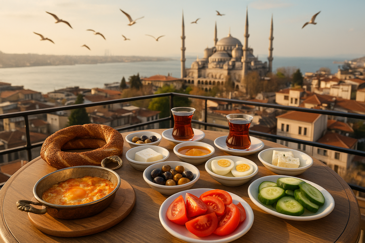 Traditional Turkish breakfast with simit, tea, and fresh produce served on a rooftop terrace overlooking the Bosphorus and Bl