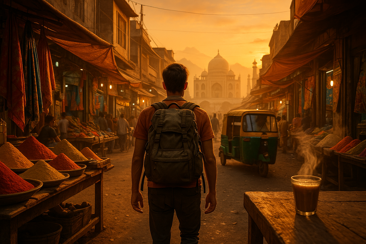 Solo backpacker walking through an Indian street market with tuk-tuk, Taj Mahal, and Himalayan mountains in the background du