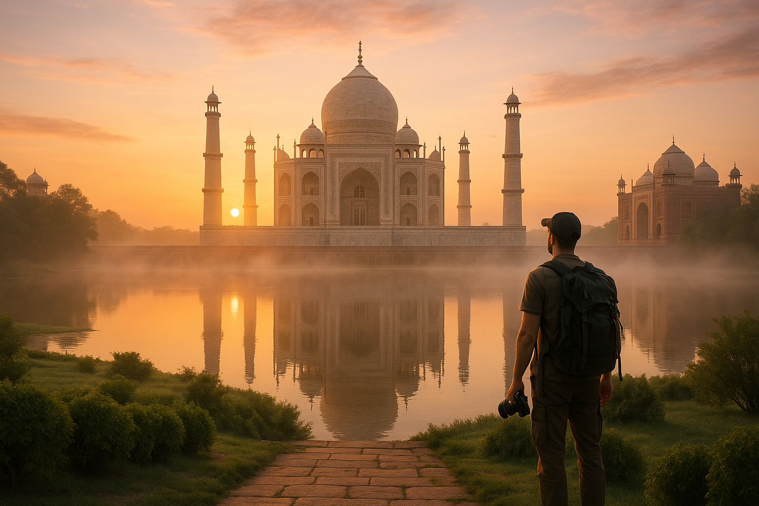Sunrise view of the Taj Mahal with a solo traveler admiring the monument, mist rising from the river, and warm golden-pink li