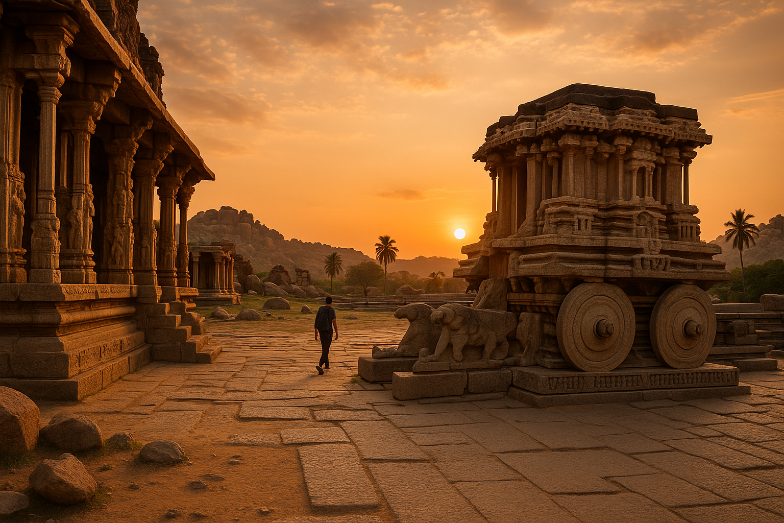 Sunset view of the ancient stone ruins at Hampi, featuring the iconic stone chariot, temple carvings, and a solo traveler wal