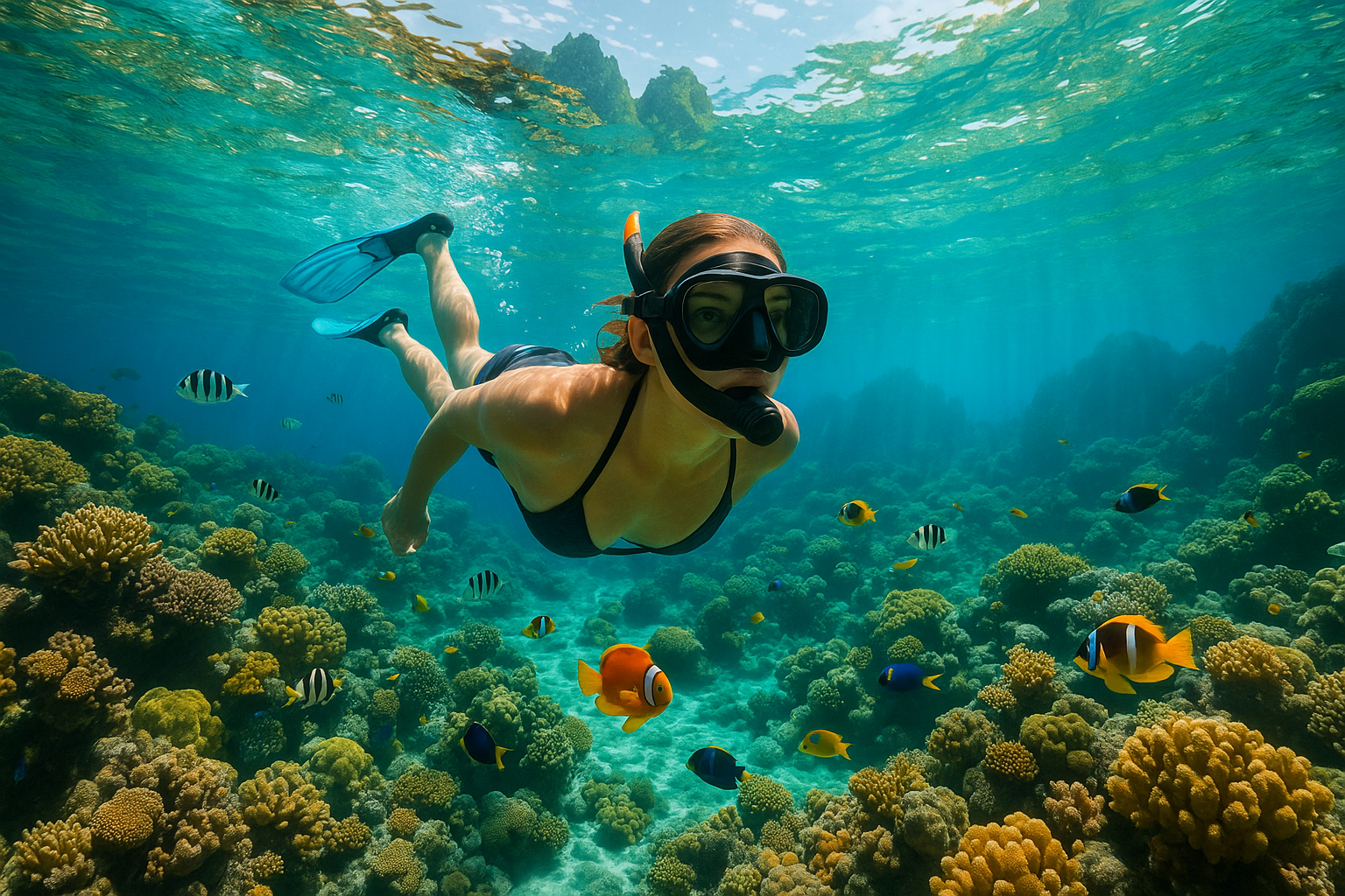 Close-up underwater view of a snorkeler in El Nido, Palawan, surrounded by coral reefs and tropical fish with sunlight stream