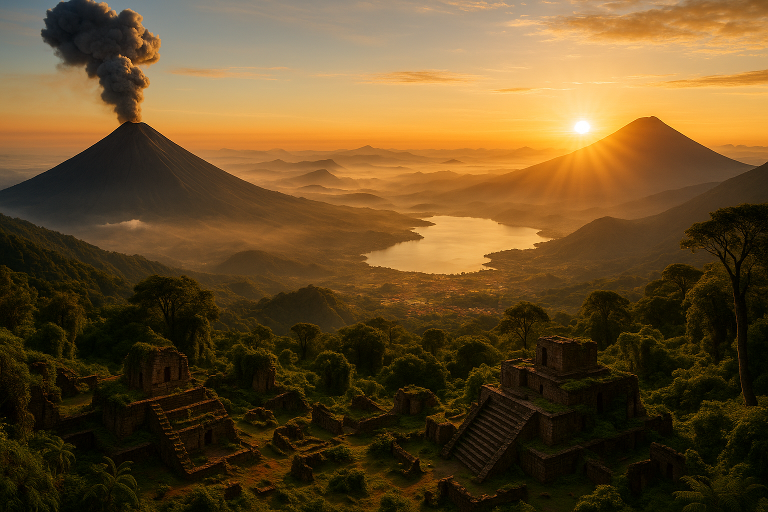 Sunrise view from Acatenango Volcano in Guatemala with erupting Volcán de Fuego in the distance, Lake Atitlán below surrounde