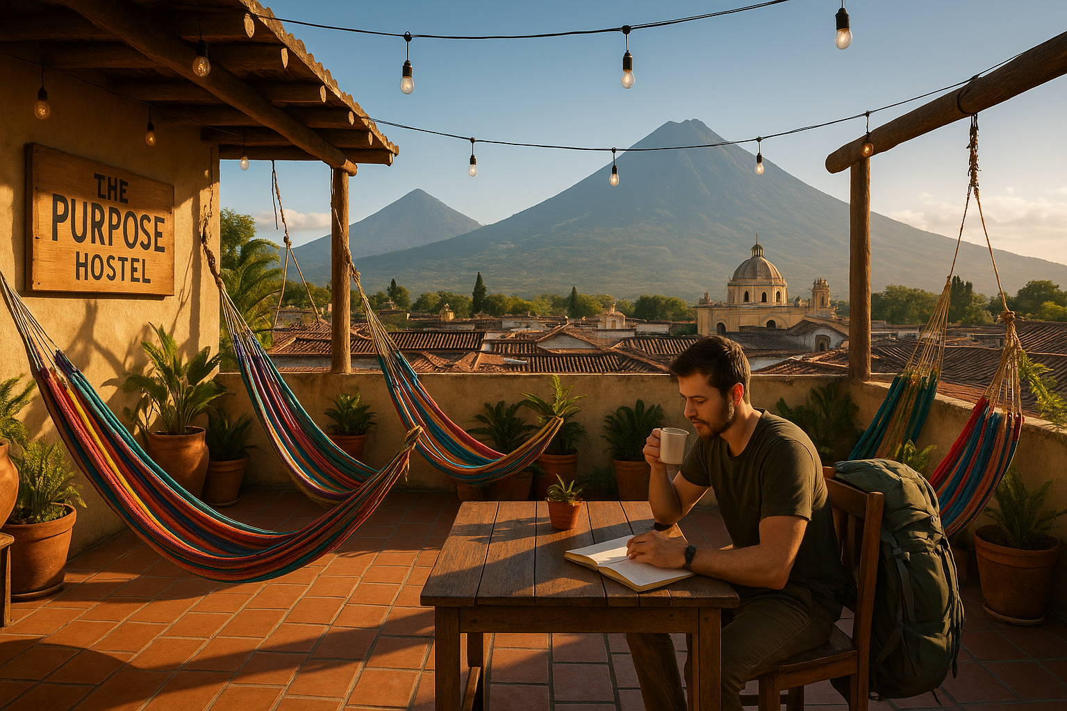 Rooftop terrace of The Purpose Hostel in Antigua, Guatemala, with views of nearby volcanoes, colorful hammocks, potted plants