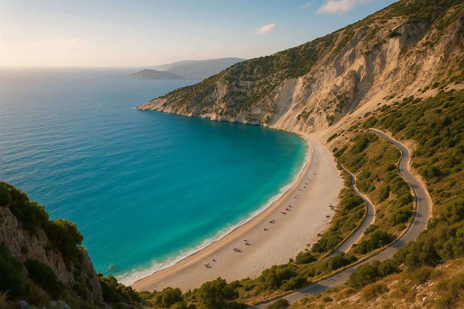 Aerial view of Myrtos Beach in Kefalonia, Greece, featuring turquoise waters, white pebbled shore, and steep green hills unde