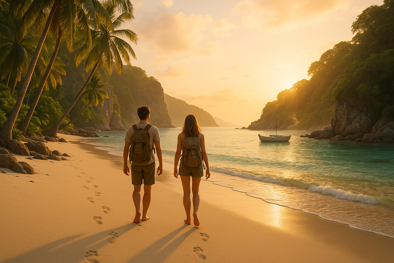 Two travelers walking along a secluded island beach at sunset, with backpacks and footprints in the sand, surrounded by palm 