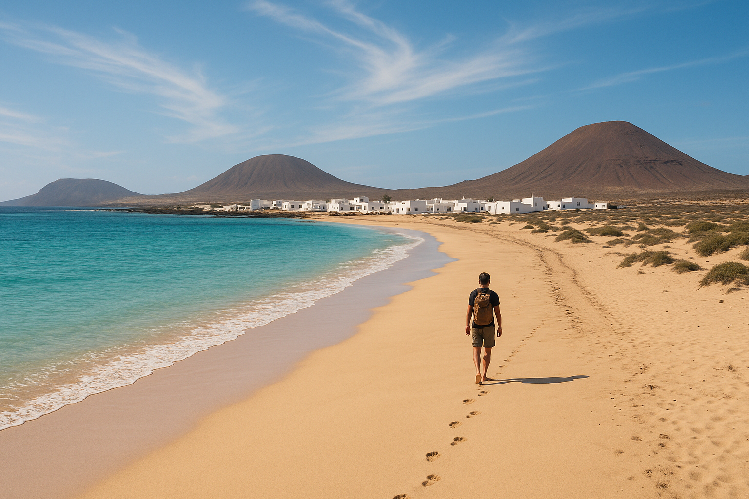 Golden sandy beach on La Graciosa island with clear turquoise water, a lone traveler walking along the shore, and whitewashed
