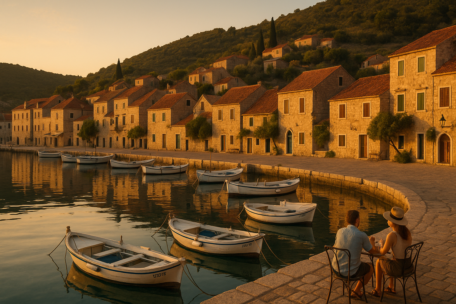 Scenic harbor in Vis, Croatia, with stone houses and red-tiled roofs reflecting in calm Adriatic waters, small fishing boats 