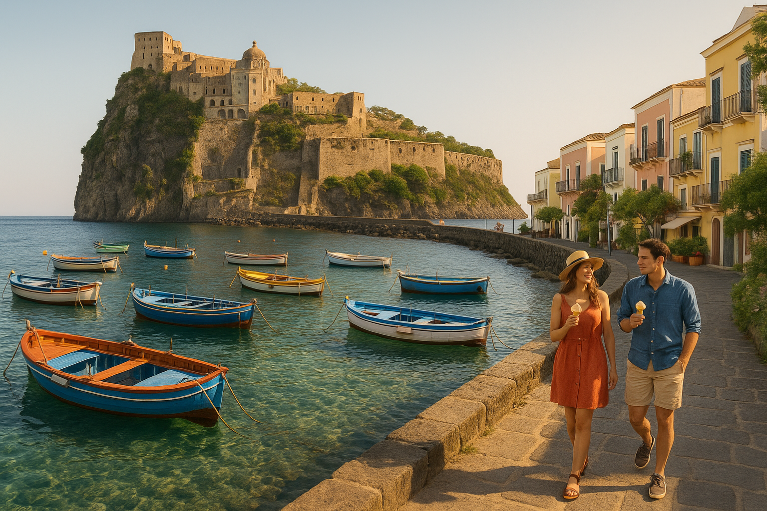 Coastal view of Ischia, Italy, with a medieval castle on a rocky cliff, colorful fishing boats in a clear harbor, pastel buil