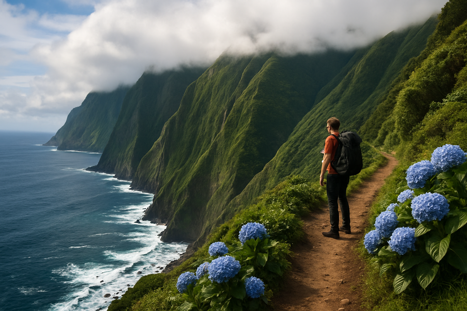 Lush green cliffs of São Jorge Island in the Azores, Portugal, overlooking the deep blue Atlantic Ocean, with a solo hiker on