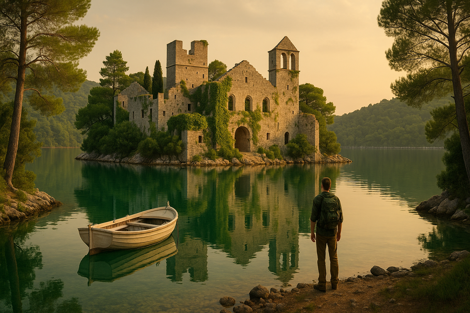 Ancient Benedictine monastery ruins on a small islet in a tranquil lake on Mljet Island, Croatia, surrounded by pine trees wi