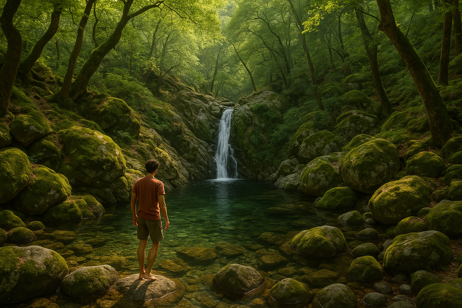 Waterfall flowing into a natural rock pool in a lush forest on Samothraki Island, Greece, with a solo traveler standing at th