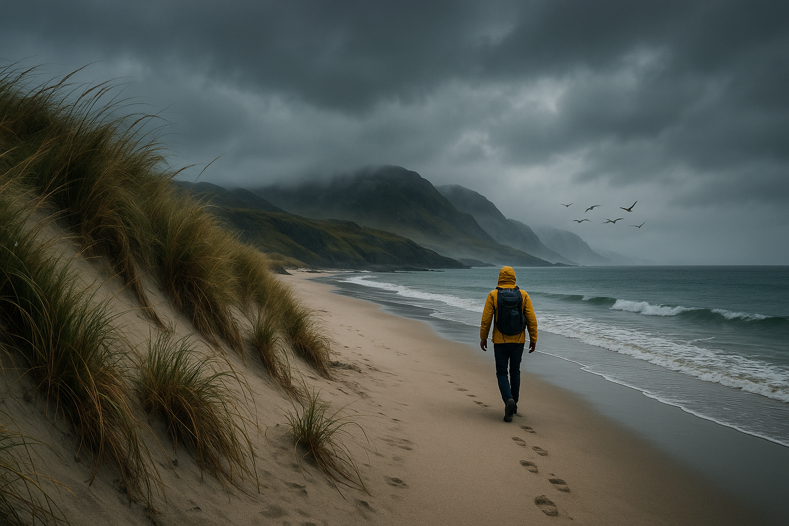 Remote beach on Colonsay Island, Scotland, with windswept dunes, a lone hiker walking along the shoreline, misty hills in the