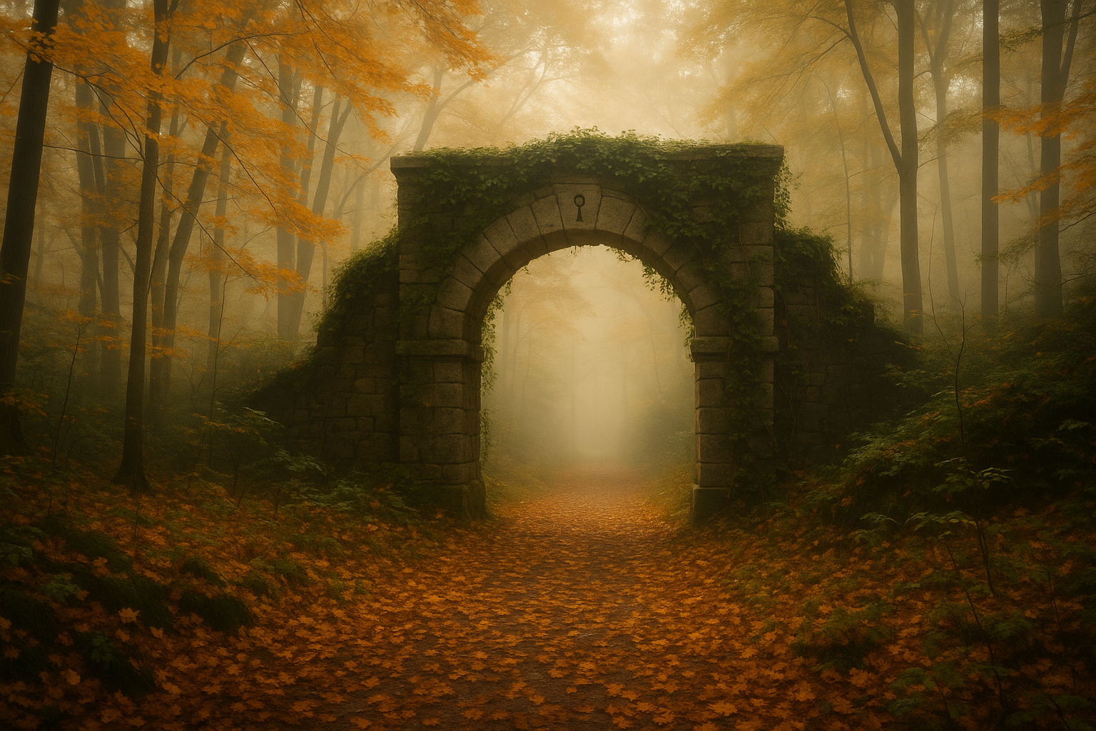 Misty forest trail in upstate New York with autumn leaves and a hidden stone archway, symbolizing secret and lesser-known pla