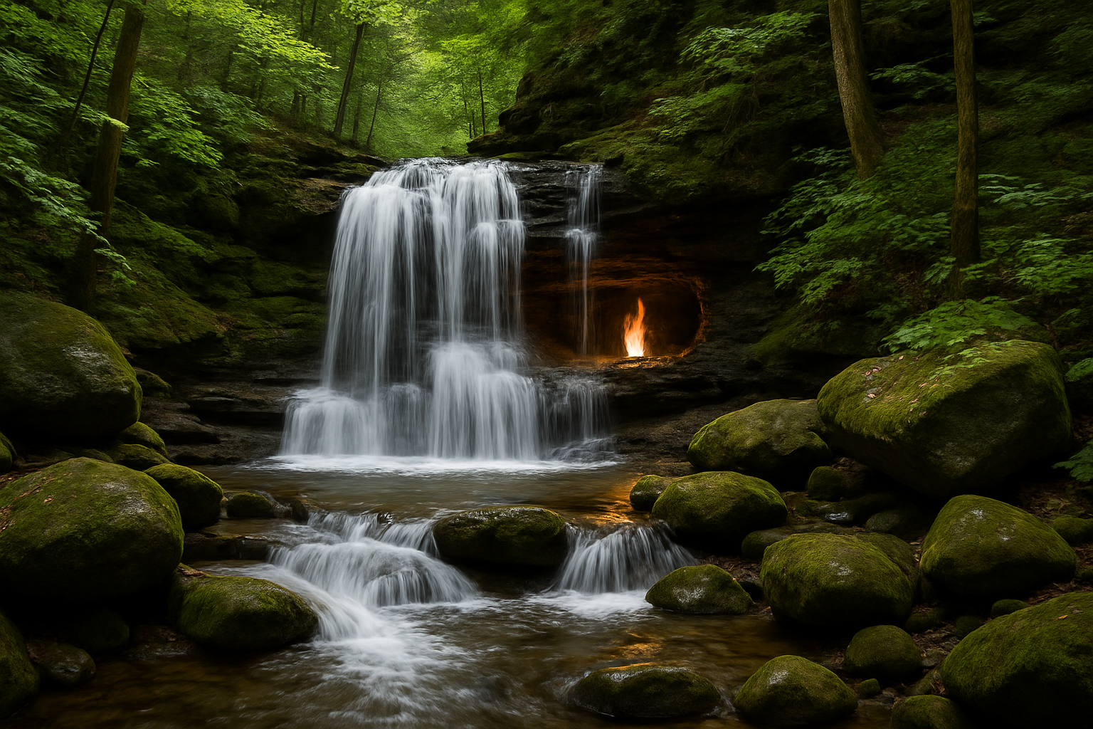 A small cascading waterfall in a lush green forest in upstate New York with a natural flame flickering behind the water in a