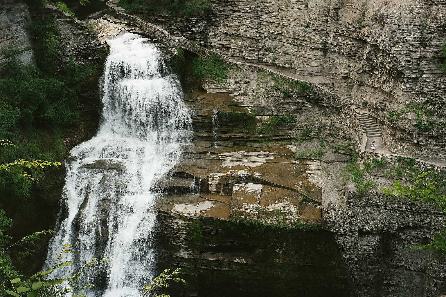 A towering waterfall plunging 115 feet down layered shale cliffs into a rocky gorge, surrounded by dense hardwood forest in a