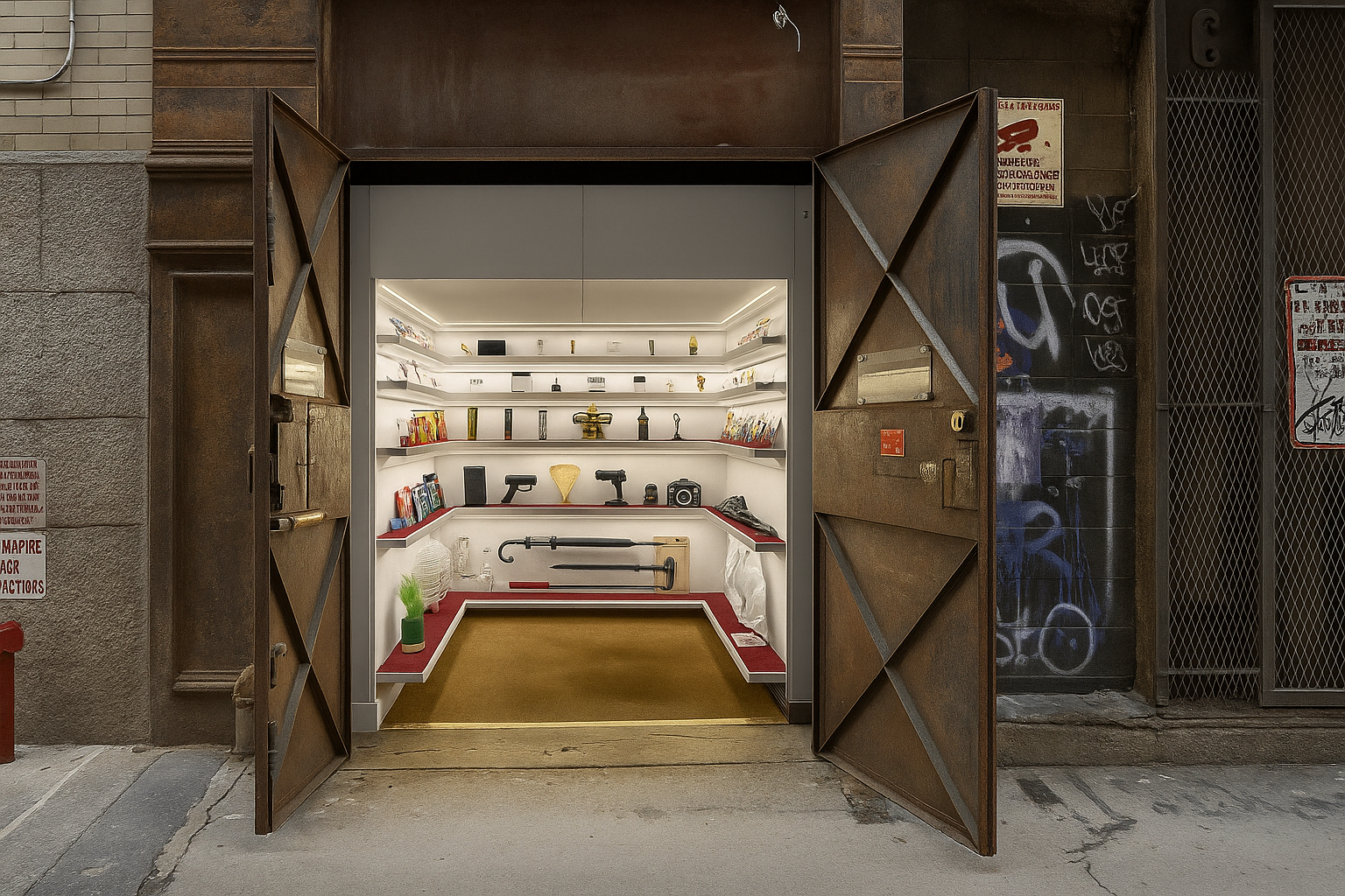 Mmuseumm in Tribeca, New York City, a tiny museum inside a former elevator shaft in a narrow alley, displaying eclectic objec