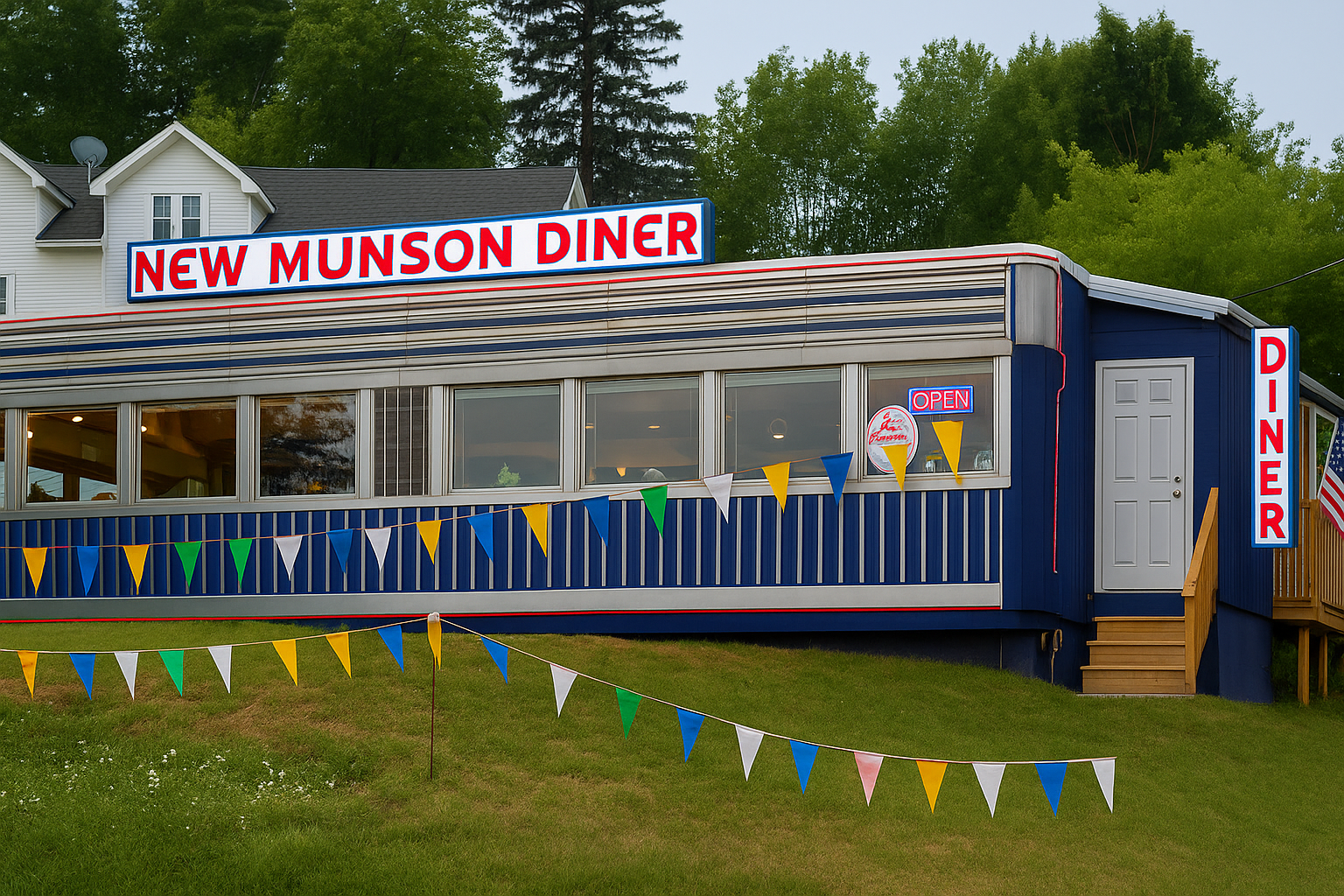 Restored 1940s silver diner car in Liberty, New York, with neon signs glowing at dusk, classic American cars parked outside,