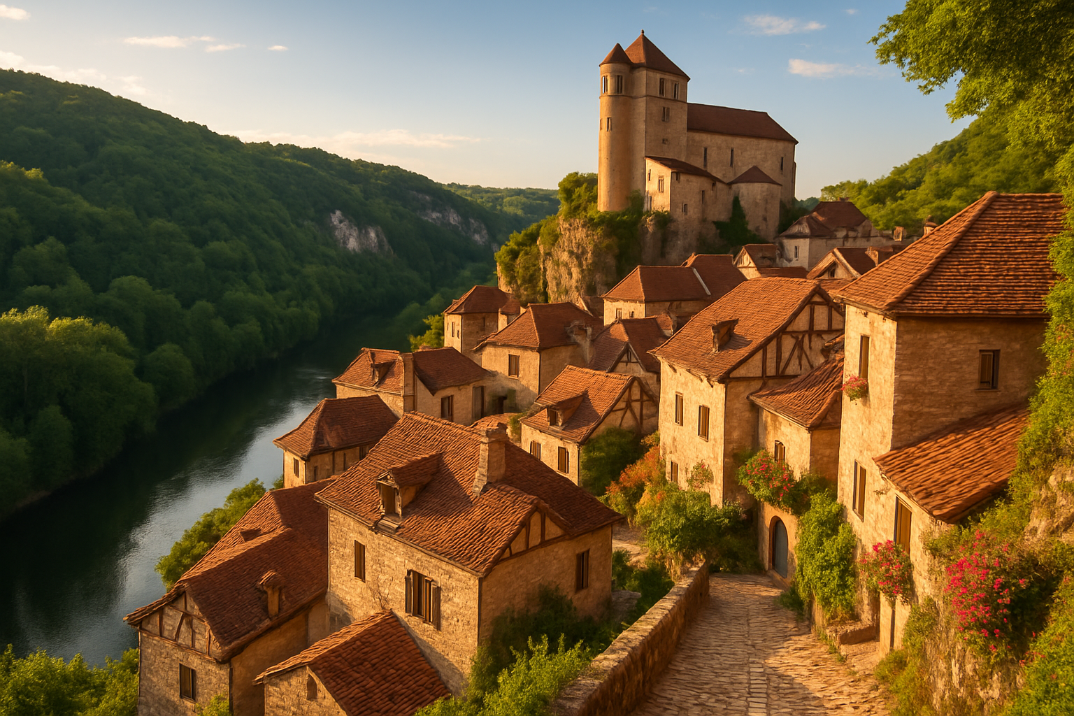 Saint-Cirq-Lapopie village in southern France, set on a cliff above the Lot River with medieval stone houses and scenic valle