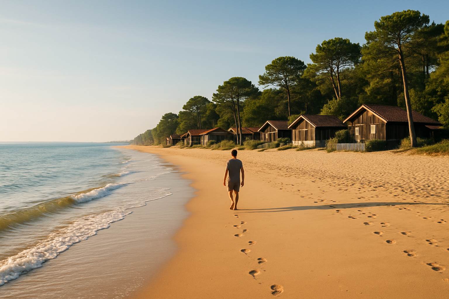 A quiet beach in Cap Ferret, France, with golden sand, calm waves, and pine trees in the distance—perfect for a peaceful, unc