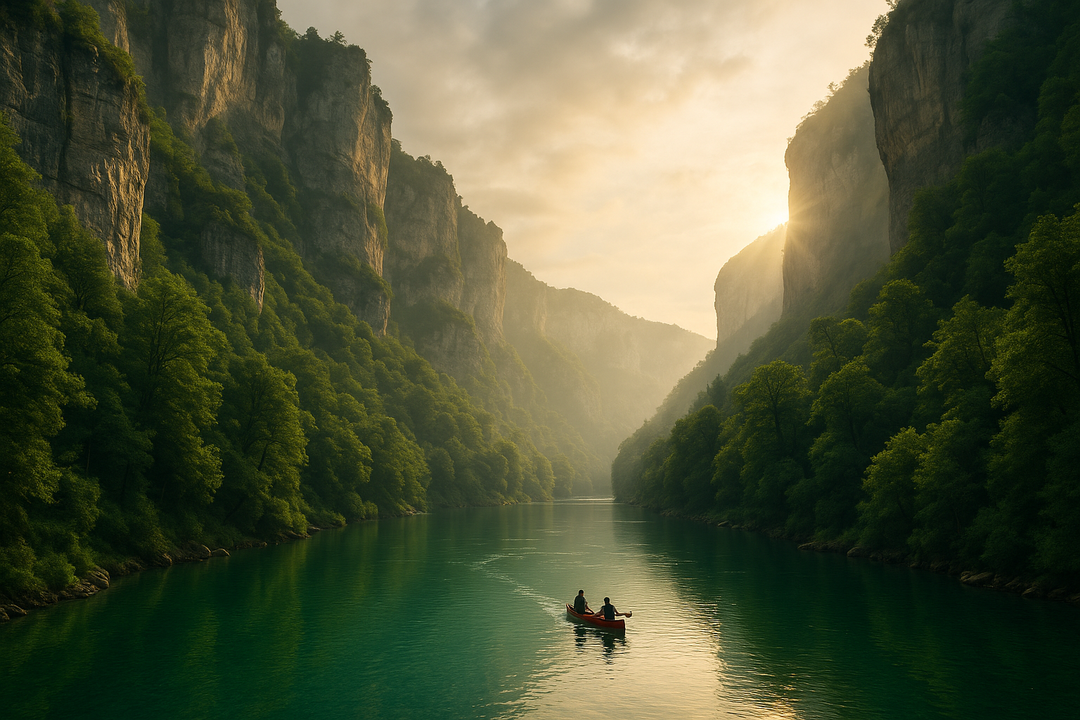 A hidden stretch of the Gorges du Tarn in France with high limestone cliffs, turquoise water, and a canoe gliding through the