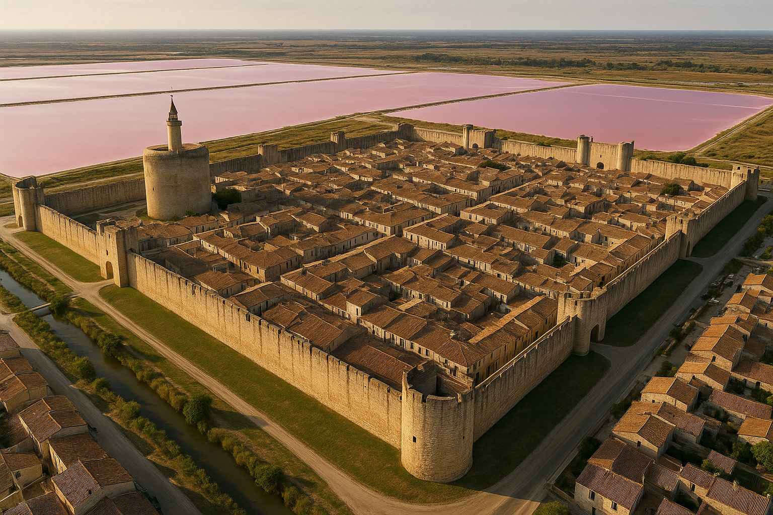 Aerial view of Aigues-Mortes, France, showing the perfectly preserved medieval walls and nearby pink salt flats under a warm 