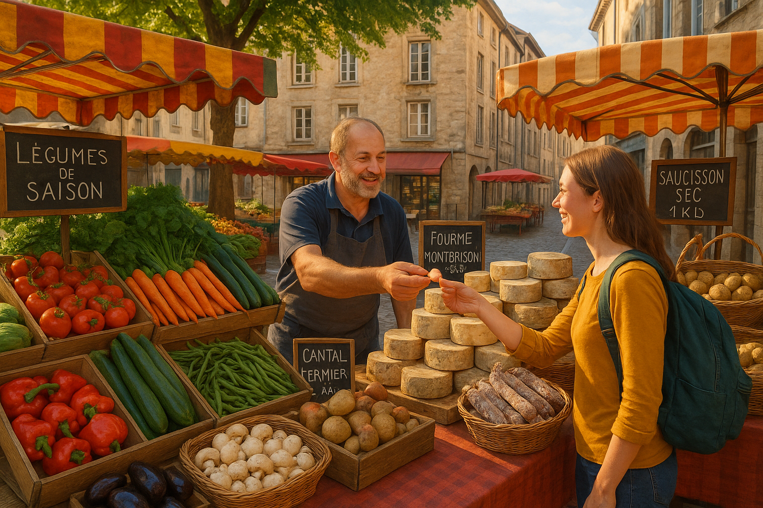 Local French market in Montbrison with stalls full of cheese, produce, and charcuterie, set along a cobblestone street with a