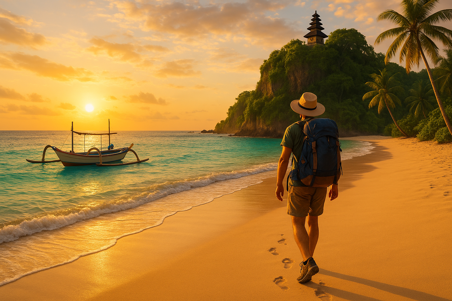Solo backpacker walking on a tropical beach in Indonesia at sunset with a temple on the cliff and a traditional boat nearby